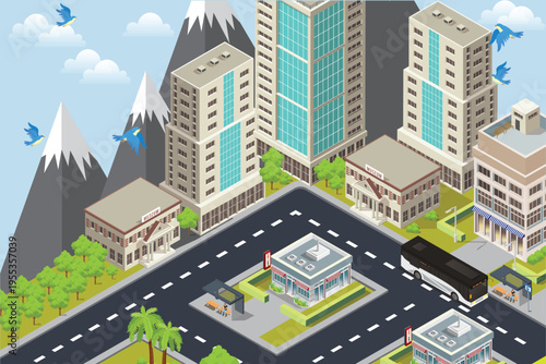 Isometric city map navigations urban cartography business concept. Vector cityscape skyline 3D illustration of location town skyscraper and road