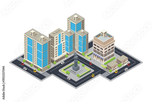 Isometric city map navigations urban cartography business concept. Vector cityscape skyline 3D illustration of location town skyscraper and road