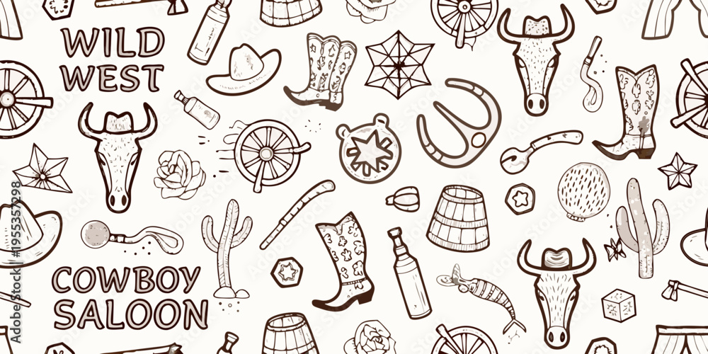 Obraz premium A seamless pattern featuring wild west themed illustrations and typography