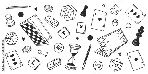 Board games doodles set hand drawn vector illustration sketch icons of cards dice and pawns checkers