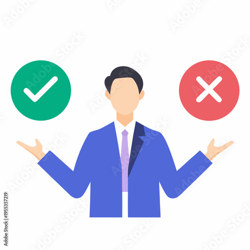 Man weighing options with checkmark and cross symbols above him