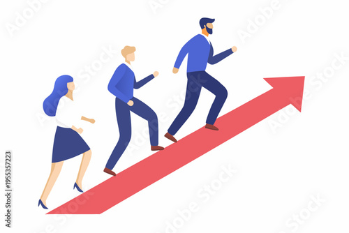 Business people confidently stride forward on a red arrow symbolizing growth