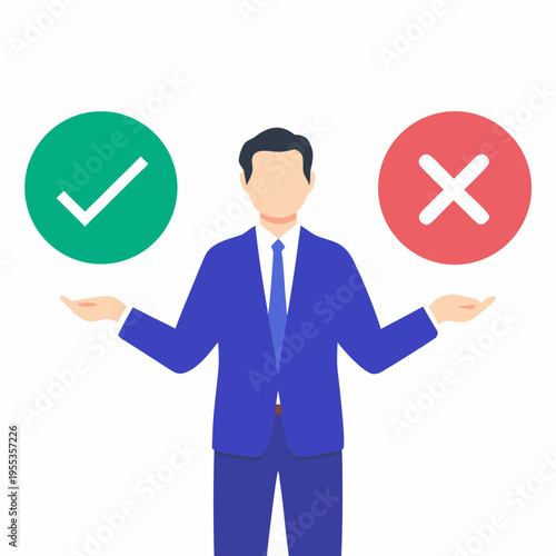 A businessman contemplates choices between success and failure represented by symbols