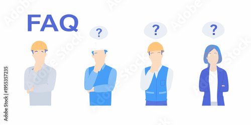 Frequently asked questions illustrated with construction worker avatars