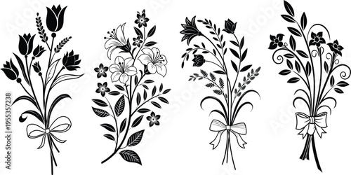 Four black and white floral illustrations with bows on stems