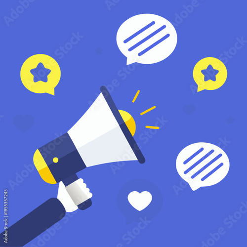 A white and yellow megaphone announces messages with surrounding stars and hearts