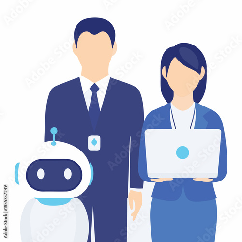 Business professionals and a robot collaborative future of work concept