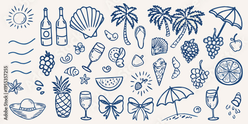A collection of blue line art depicting various summer and beach elements