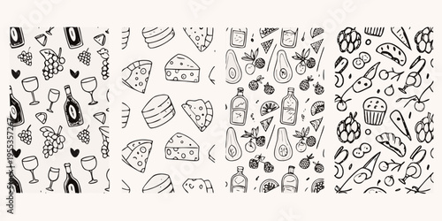 Black and white line drawing of various food and drink items