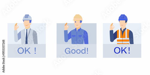 Three construction workers giving positive signals with text overlays