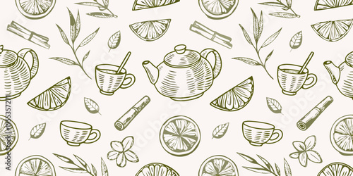 Elegant hand drawn pattern featuring tea citrus and botanical elements