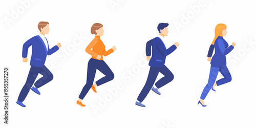 Four business professionals are depicted running forward in a minimalist style