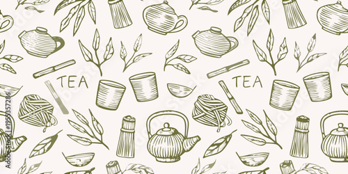 Seamless pattern of teapots tea leaves and related accessories