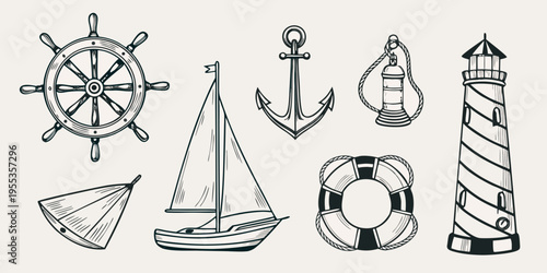 Nautical themed sketches including a ship wheel anchor sailboat and lighthouse