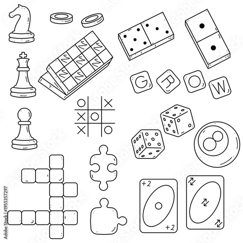 Board games doodles set hand drawn vector illustration sketch icons of cards dice and pawns checkers
