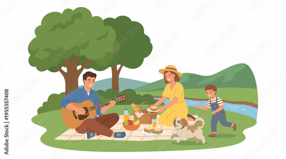 Naklejka premium A joyful family enjoys a picnic in a beautiful park, featuring tasty food, a guitar played by a father, and a playful dog, creating a heartfelt scene of togetherness.