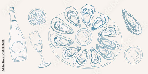 A sketch of oysters on the half shell with champagne and lemon