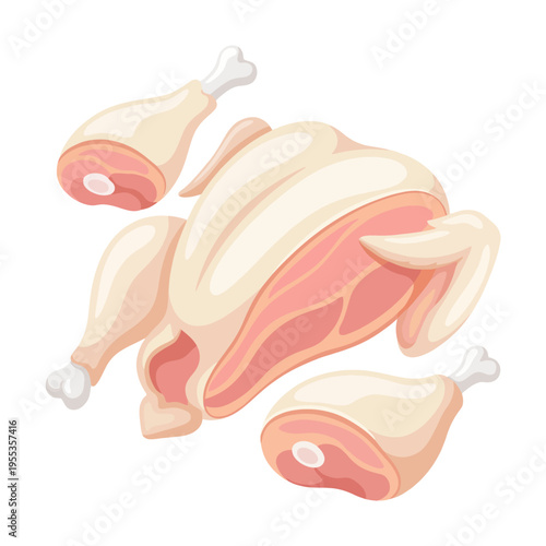 This image depicts a whole raw chicken alongside its parts, emphasizing culinary preparation processes and showcasing the ingredients necessary for delicious recipes.