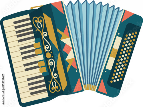 The vibrant design of this vintage accordion showcases its keys and bellows, capturing the rich musical heritage and artistry of creating melodious tunes with this classic instrument.