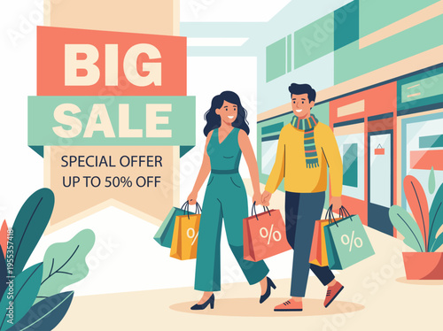 A stylish couple joyfully walks hand-in-hand, carrying colorful shopping bags, showcasing a vibrant sale season, igniting excitement and fun in shopping.