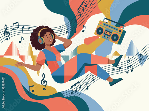 A joyful person enjoys music while relaxing amidst colorful abstract shapes and musical notes, representing the joy and energy of sound and personal expression.