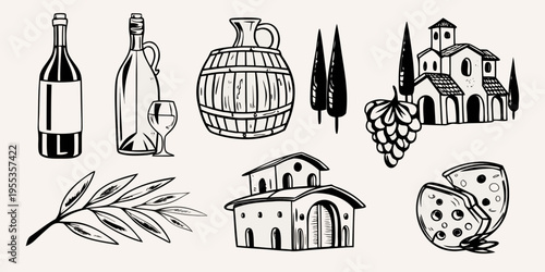 A collection of hand drawn illustrations depicting georgian wine and architecture