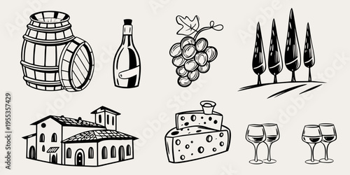 A collection of hand drawn illustrations depicting wine cheese and countryside elements