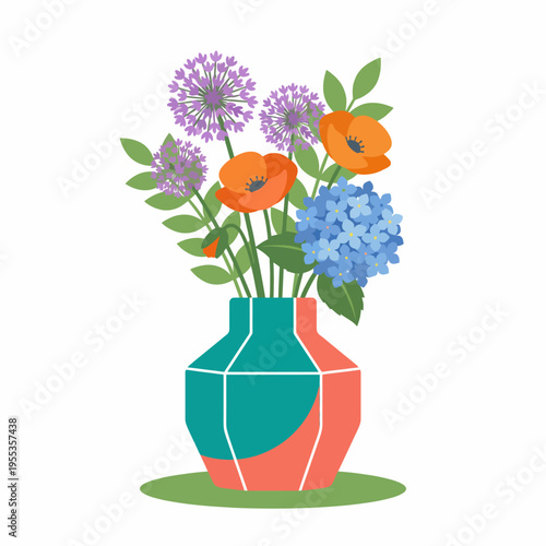 A vibrant assortment of flowers in a modern vase adds color and freshness to any space, symbolizing beauty, love, and nature's artistic expressions within the home.