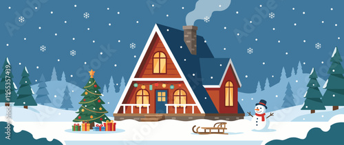 A charming winter cabin surrounded by snow, featuring a beautifully decorated Christmas tree and a snowman, capturing the essence of holiday cheer and cozy winter vibes.