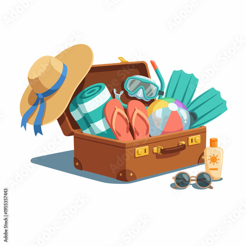 This image showcases a packed suitcase brimming with summer vacation essentials, highlighting relaxation and preparation for fun under the sun, perfect for beach lovers.