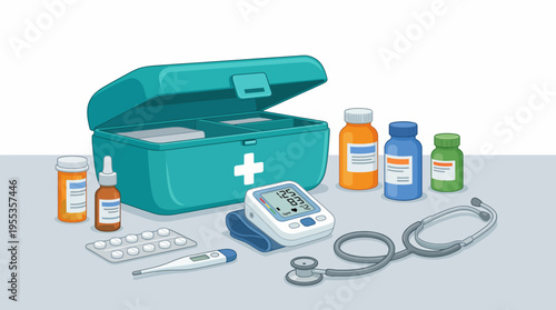 An organized health kit filled with essential medical supplies and monitoring tools, emphasizing the importance of health management and self-care in everyday life.