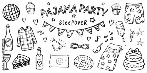 A whimsical pajama party illustration with sleepover themed doodles