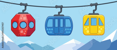 Three colorful cable cars suspended above breathtaking mountain scenery, symbolizing adventure and exploration in nature's grandeur and the thrill of discovery.