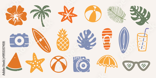 A colorful collection of summer themed illustrations and tropical elements