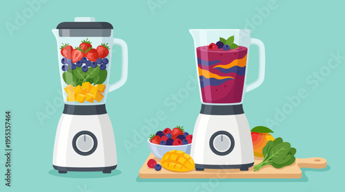These dynamic blenders display colorful smoothies, revealing the process of blending fresh fruits and greens into delicious, healthy drinks ideal for any lifestyle.