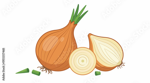 This detailed illustration showcases fresh onions, complete with vibrant green sprouts and sliced sections, emphasizing their natural appeal and culinary versatility.