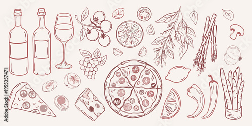 A hand drawn collection of italian food and drink elements arranged artfully
