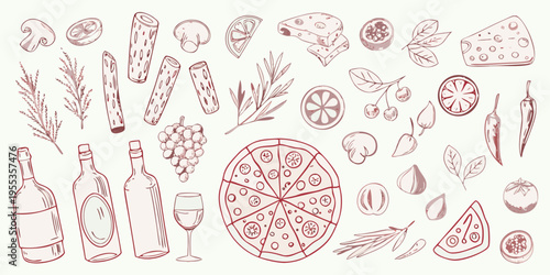 A hand drawn collection of italian food items including wine cheese and pizza
