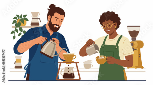 This engaging scene shows two cheerful baristas expertly preparing coffee, showcasing their passion for artistry and the craft of creating perfect beverages.