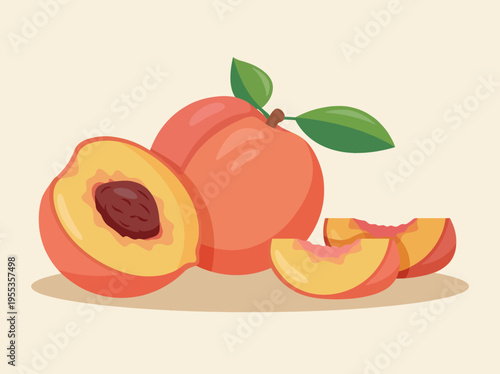 A vivid illustration of ripe peaches, showcasing their juicy, sweet essence, complemented by luscious peach slices and a green leaf, evoking a sense of nature's bounty and freshness.