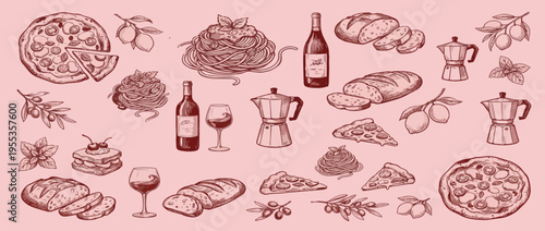 Hand drawn Italian whimsical doodle sketch clip art. Vintage La dolce vita (sweet life in Italian) icons. Crayon or brush drawn cheese, coffee cup, glass of wine with pasta, eggs or cheese.