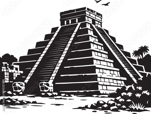 ancient mayan pyramid chichen itza silhouette vector