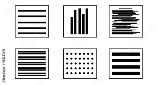 Minimalist illustration featuring lines, bars, and dots arranged in square formations against a clean white background showcasing various organizational and pattern concepts.