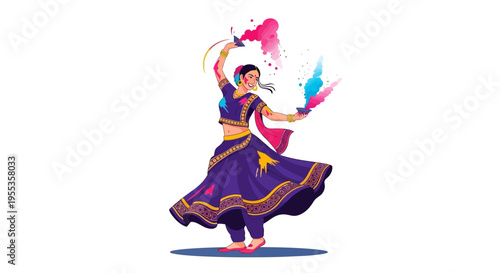 A woman in traditional Indian attire celebrating Holi festival with vibrant color powder in a joyful crowd celebration.