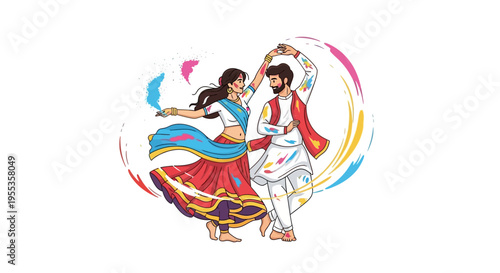 Illustration of a joyful Indian couple dancing during Holi festival with vibrant color splash and traditional attire against a white background.