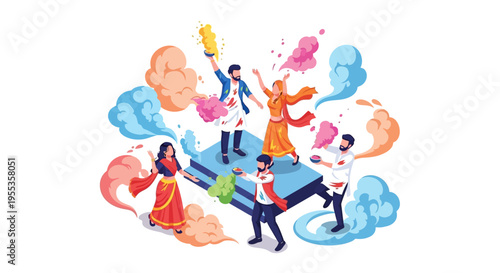 Illustration of joyful people celebrating Holi festival with vibrant color splash and gulal powder in a lively, cultural Indian celebration.