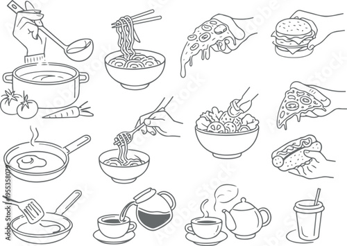 set of various food for everyday use and various fast food in line art style, for menus, various printing or other thematic designs