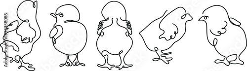 set of chicken icons in different poses and shapes drawn in line art style drawn with a solid line, design for Easter or other thematic design