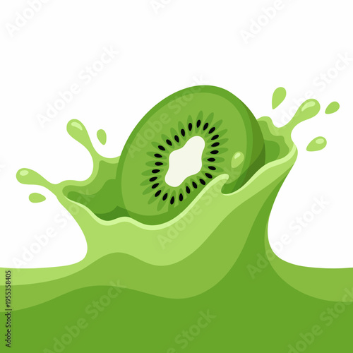A vibrant kiwi slice surrounded by splashes of fresh green juice captures the essence of freshness and vitality, making it ideal for health-focused themes and products.