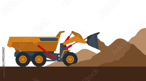 A striking illustration of a loader truck moving earth against a backdrop of mountains represents progress and industriousness, ideal for construction and machinery contexts.